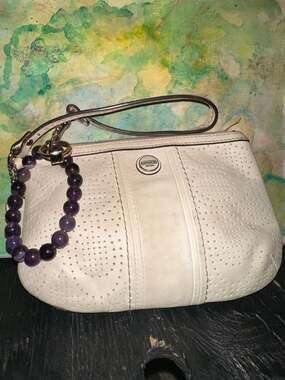 Coach White Leather Large Wristlet, Coach ring and Amethyst bracelet